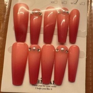 Coral Ombre Press On Nails, Pearl Accent, Coffin Shape, Manicure‎ Set